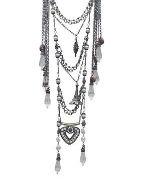 Treska Multi Strand Statement Necklace Silver Tone Crystal Pearl Heart Eiffel